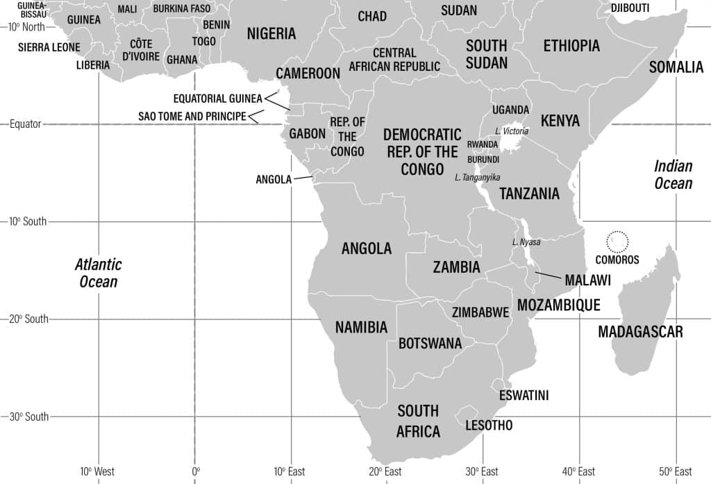 Image of a map of the southern half of the African continent.
