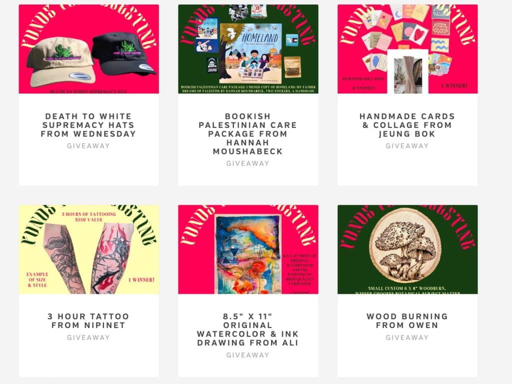 A screenshot of an online fundraiser site raising money for Palestine by inviting people to enter to win various items. The screenshot shows six brightly colored thumbnail previews and descriptions of some of the items.